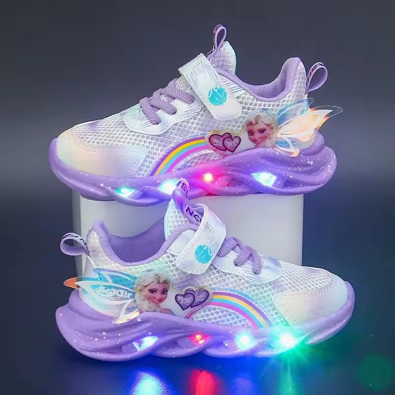 送料無料 子供用 スニーカー シューズ ディズニー アナと雪の女王 エルサ LED 点滅ライト付き 光る靴 女の子 キッズ ガールズ 短靴 ランニング 通園 通学 ハイキング 遠足 ピクニック 旅行 
